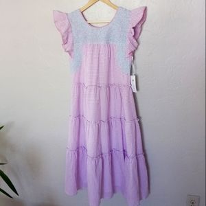 J. Marie Kayla Tiered Midi Dress Purple Gingham Embroidery S